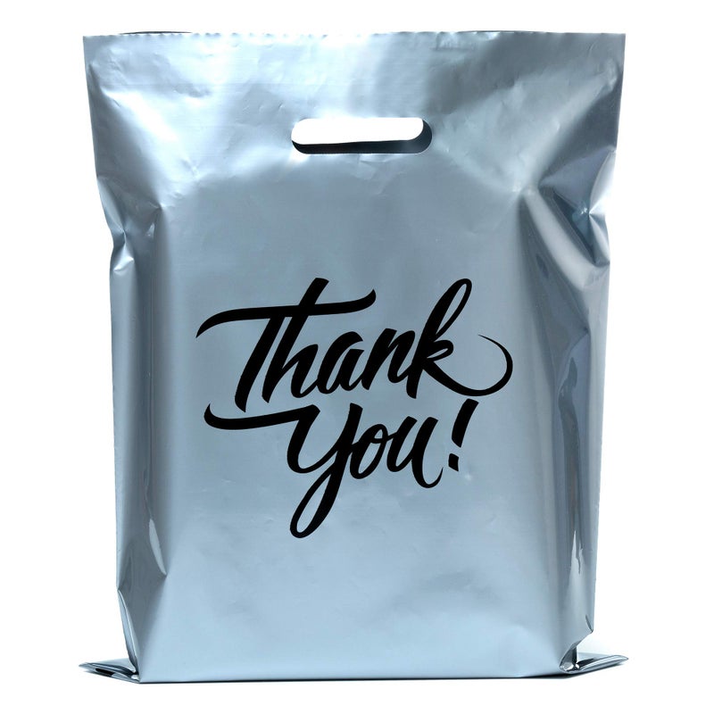 Infinite Pack 100Pcs Thank You Merchandise Bags, Extra Thick 2.35Mil 12"x15" Silver Retail Plastic Shopping Bags for Small Business Stores Boutique Clothes, Reusable Gift Bags Plastic Bags with Handle - Image 1